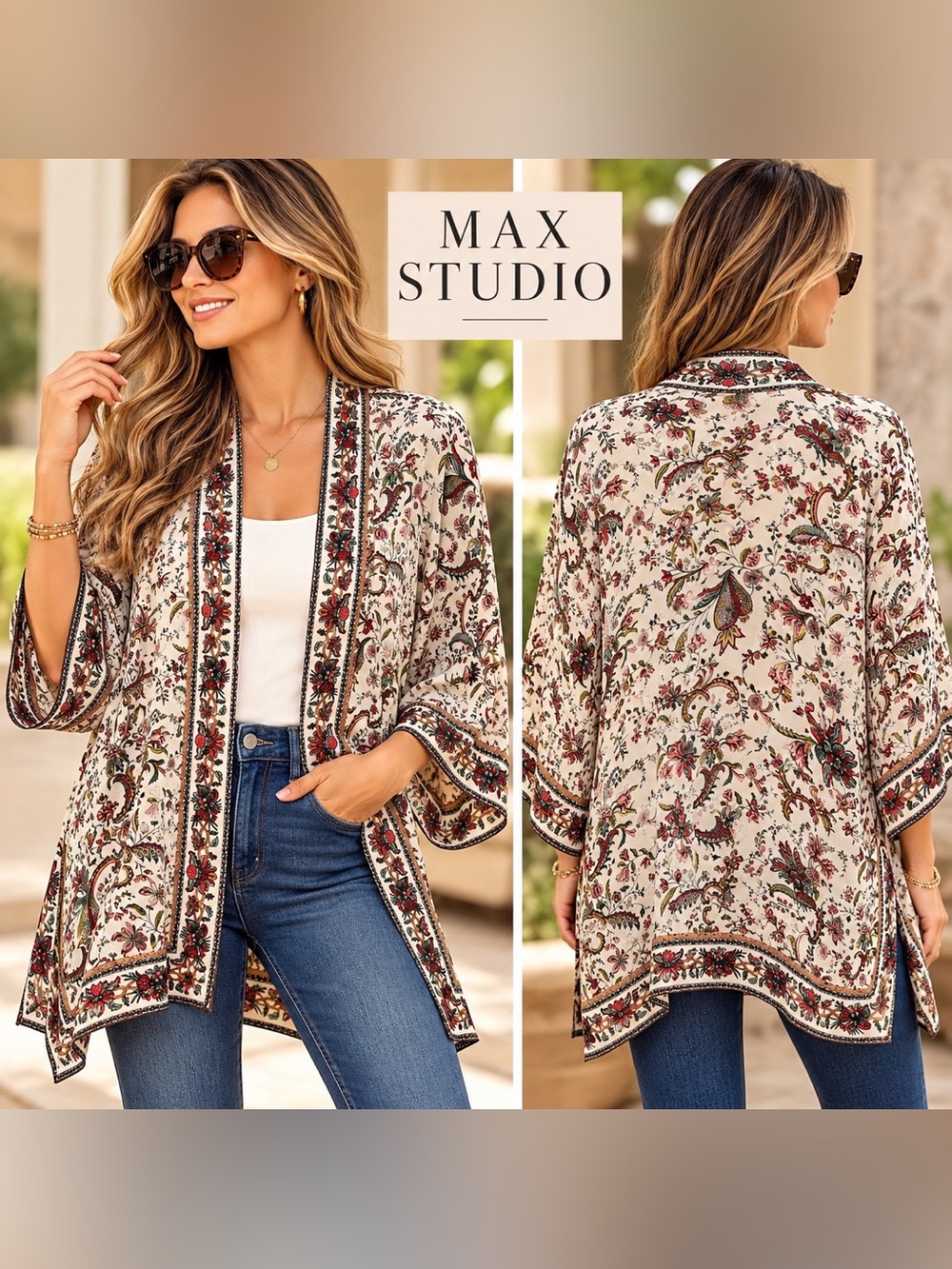 Max Studio L Floral Paisley Kimono Open Front Boho Jacket Top Career Workwear